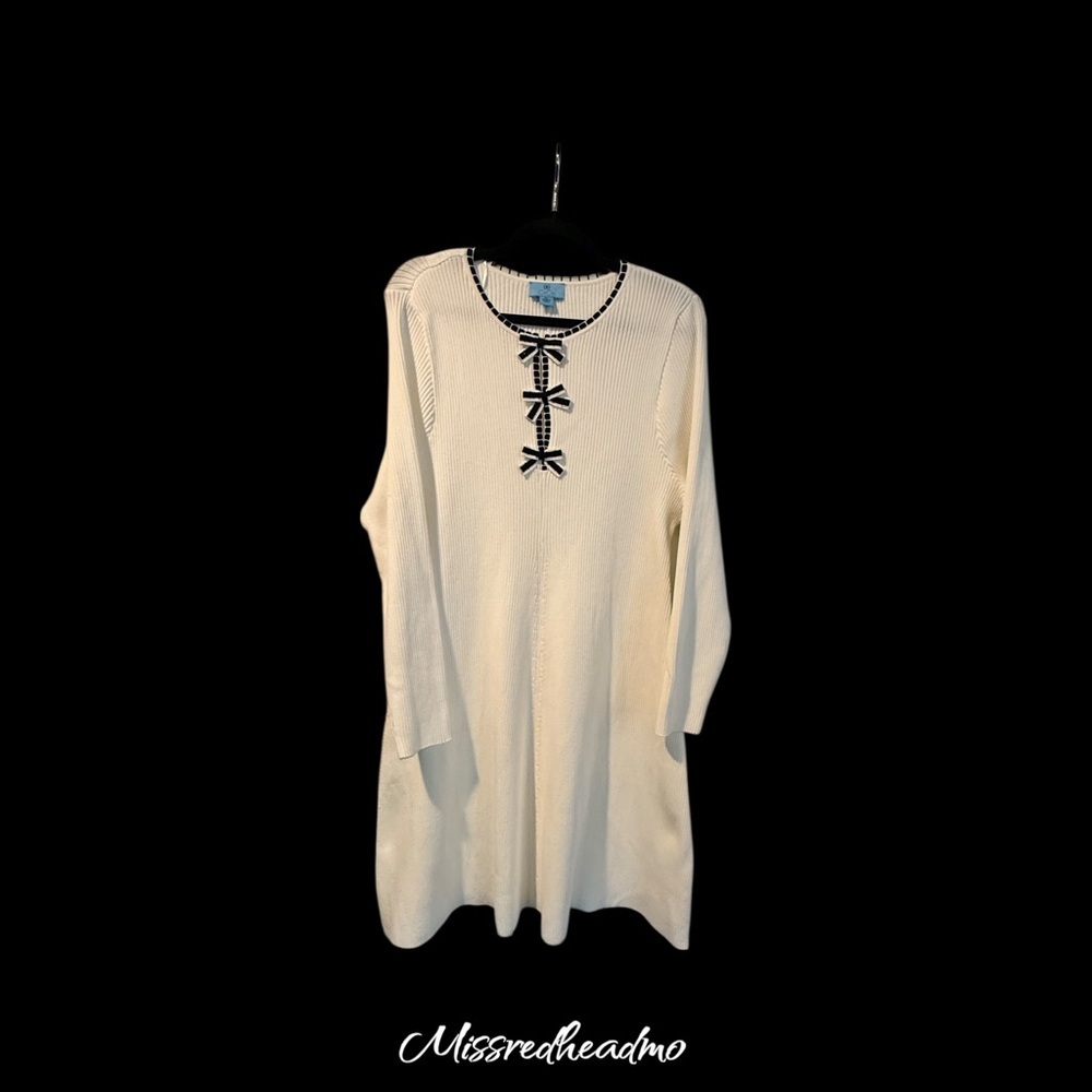 Antique White Knit Dress with Black Bow Accents
